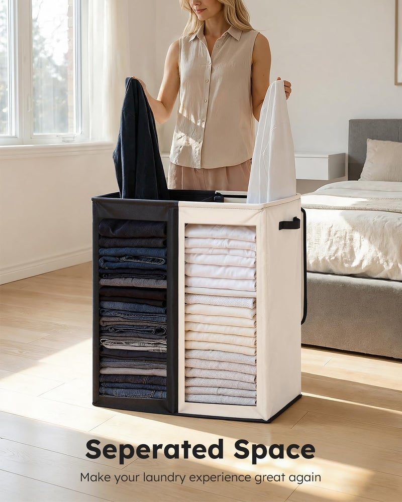 SOLEDI 145L Laundry Basket, Laundry Hamper, 2 Compartments with Lid and 2 Laundry Bags, Laundry Sorter Large XXXL for Bathroom, Bedroom, Laundry Room, Children's Room, 2 x 72.5 L, Black + Beige - Image 3