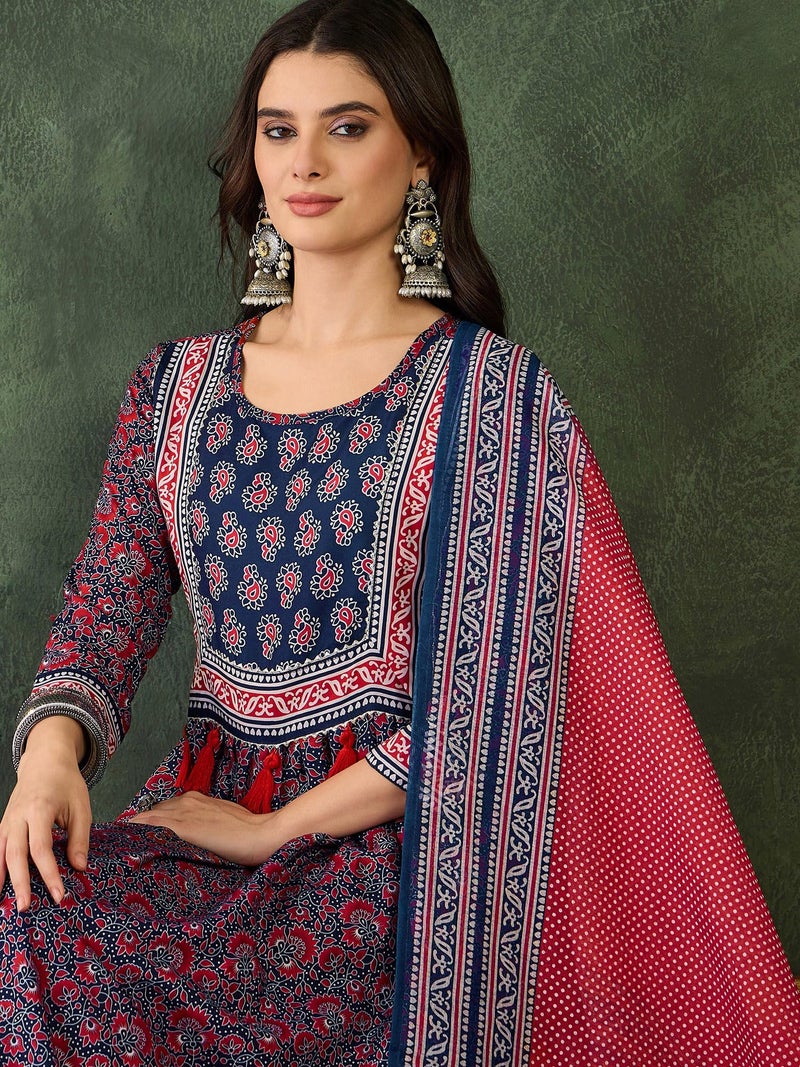 Naixa Women's Rayon Printed Flared Kurta with Pant and Dupatta Sets (NX-735-Navy Blue-XL) - Image 5