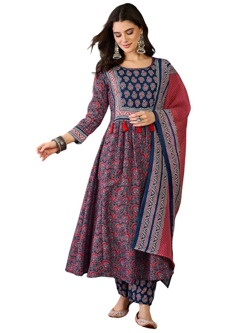 Naixa Women's Rayon Printed Flared Kurta with Pant and Dupatta Sets (NX-735-Navy Blue-XL) - Image 1