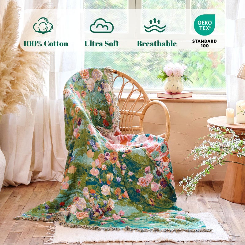 MSGKV Boho Throw Blanket for Bed Cotton Floral Twin Size Couch Blanket 60"x80" Muslin Spring Breathable Lightweight Farmhouse Blankets All Seasons - Image 2