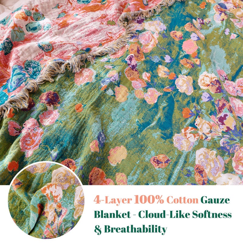 MSGKV Boho Throw Blanket for Bed Cotton Floral Twin Size Couch Blanket 60"x80" Muslin Spring Breathable Lightweight Farmhouse Blankets All Seasons - Image 4