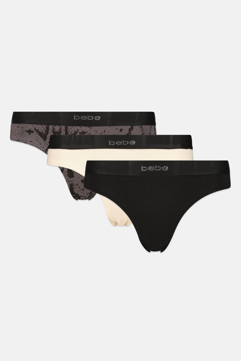 bebe Women 3 Packs Graphic Print Thong Panty Set, Multicolor - Image 1