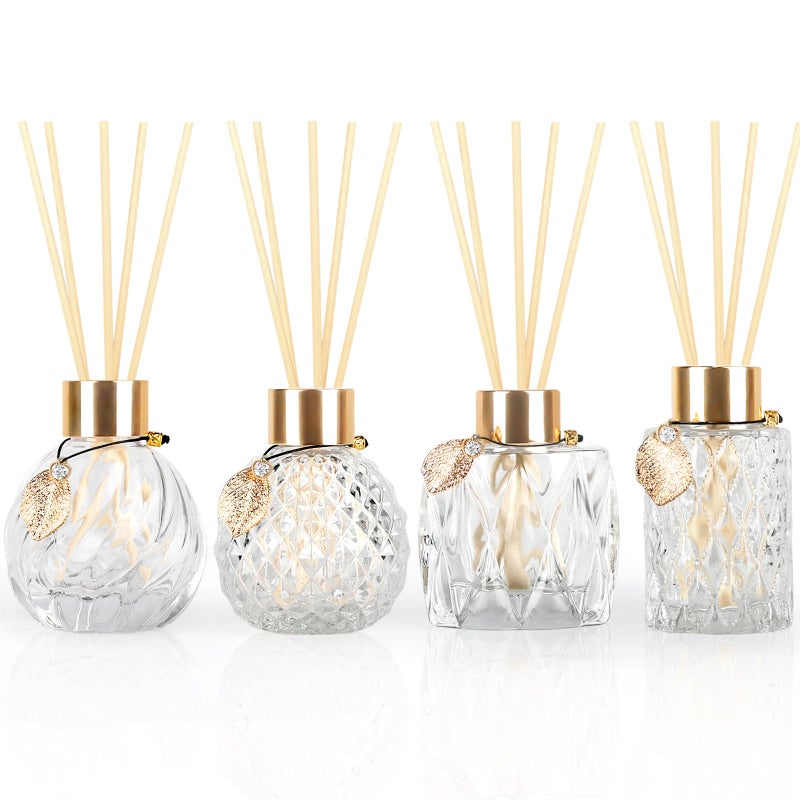 Trifolic 4-Piece Reed Diffuser Set with Metal Golden Decoration, 3.5-4.2oz Empty Bottles and 20 Reed Sticks, Unique Design for Home and Office (4 Different Bottles) - Image 1