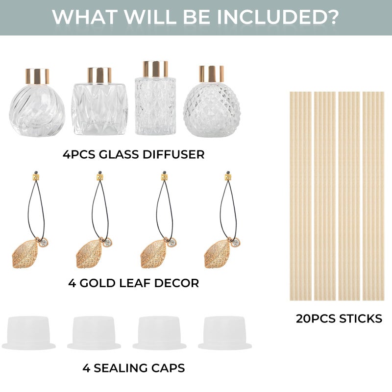 Trifolic 4-Piece Reed Diffuser Set with Metal Golden Decoration, 3.5-4.2oz Empty Bottles and 20 Reed Sticks, Unique Design for Home and Office (4 Different Bottles) - Image 4