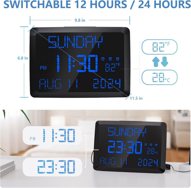 Raynic Digital Clock, 11.5" Large Display Calendar Clock with Day and Date, Indoor Temperature, Adjustable Brightness, Snooze,12/24H, DST for Home, Office, Elderly - Image 5