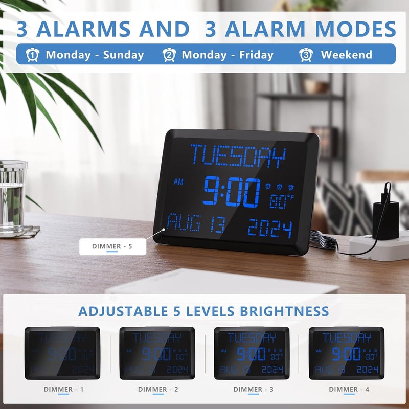 Raynic Digital Clock, 11.5" Large Display Calendar Clock with Day and Date, Indoor Temperature, Adjustable Brightness, Snooze,12/24H, DST for Home, Office, Elderly - Image 4
