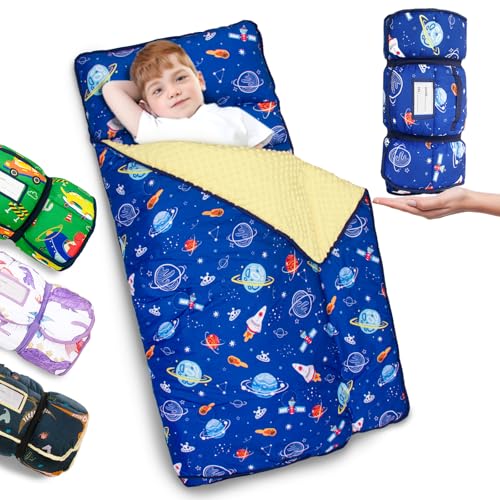 Primlect Thickened Toddler Nap Mat with Removable Pillow and Minky Blanket Extra Large 55x35 Sleeping Bag Washable Roll up Perfect for Daycare Preschool Kindergarten Boys and Girls Space - Image 1