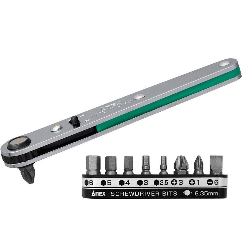 anex ANEX Ultra Low Profile Offset Ratcheting Screwdriver and Hex Wrench 90 Degree For Tight Area Magnetic 9 Bits Set Straight Flathead Green 
