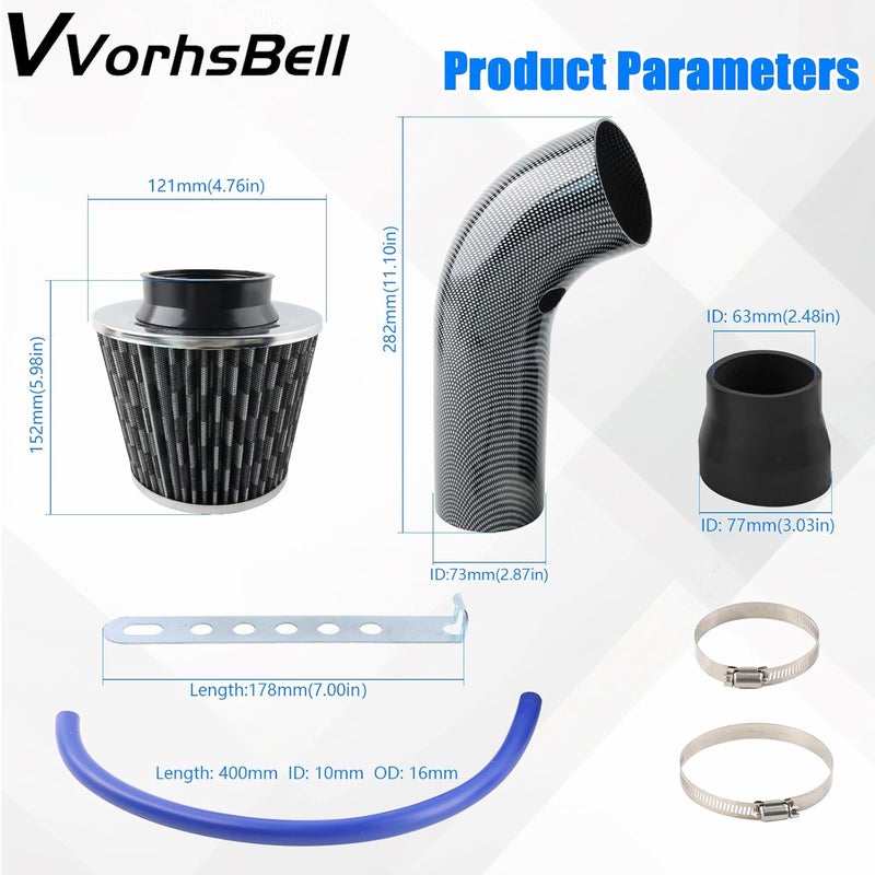 VVORHSBELL طقم فلتر هواء بارد عالمي، نظام خرطوم أنبوب سحب عالي التدفق مقاس 76 مم/3 بوصة مع أنبوب من سبائك الألومنيوم (نمط الكربون) - Image 3