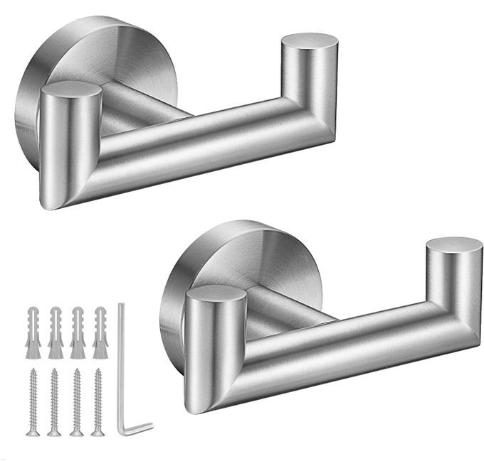 TOWEL HOOKS FOR BATHROOMSBRUSHED NICKEL TOWEL HOOK FOR KITCHEN BATHROOMSUS304 STAINLESS STEEL COAT HOOKHEAVY DUTY DOUBLE HOLDER ROBE HOOKS FOR HANGING TOWELSCOATSSPONGESCLOTHESWALL MOUNT2 PACK