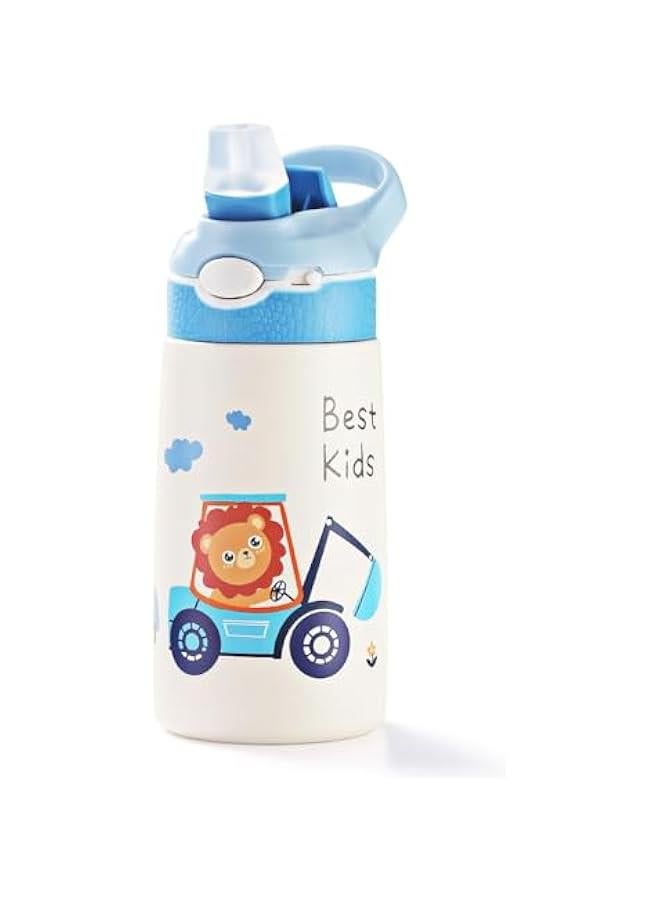 TRASSLE Kids Stainless Steel Water Bottles with Straw, 13.5 oz Insulated Water Bottle Double Wall Keep Hot Cold Drinks Thermos Toddler Bottle with Handle BPA-Free for School Boys Girls (Blue Lion) - Image 1