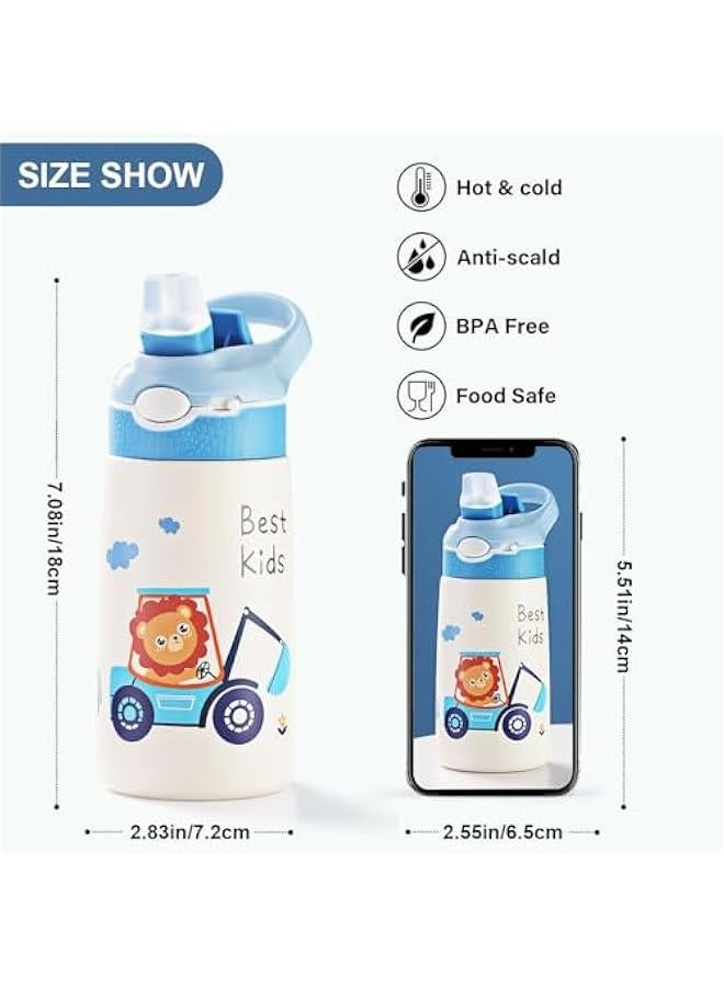 TRASSLE Kids Stainless Steel Water Bottles with Straw, 13.5 oz Insulated Water Bottle Double Wall Keep Hot Cold Drinks Thermos Toddler Bottle with Handle BPA-Free for School Boys Girls (Blue Lion) - Image 2