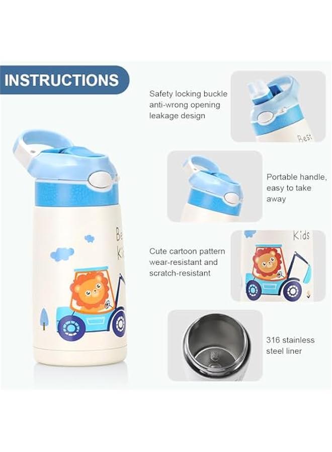 TRASSLE Kids Stainless Steel Water Bottles with Straw, 13.5 oz Insulated Water Bottle Double Wall Keep Hot Cold Drinks Thermos Toddler Bottle with Handle BPA-Free for School Boys Girls (Blue Lion) - Image 5