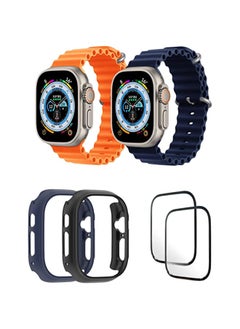 Silicone Ocean Band Strap for Apple Watch Ultra 8 49mm Orange/Dark Blue , Case Compatible with Apple Watch Ultra 49mm Blue/Black , 2* pcs Watch glass Set of 6