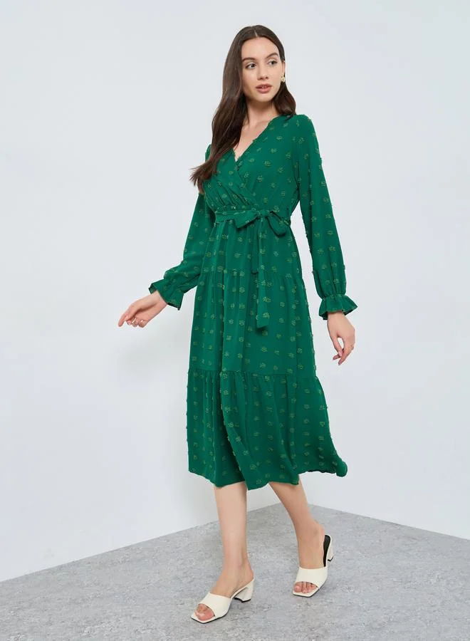 Take Two Emerald Green Swiss Dots Detail Midi Dress