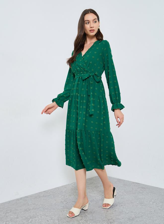 Take Two Emerald Green Swiss Dots Detail Midi Dress - Image 3