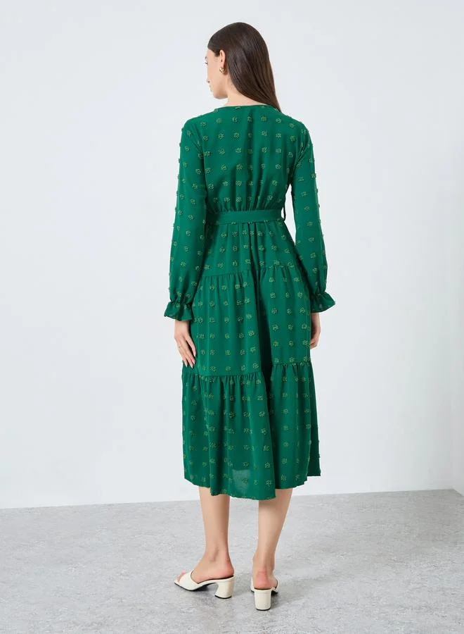Take Two Emerald Green Swiss Dots Detail Midi Dress