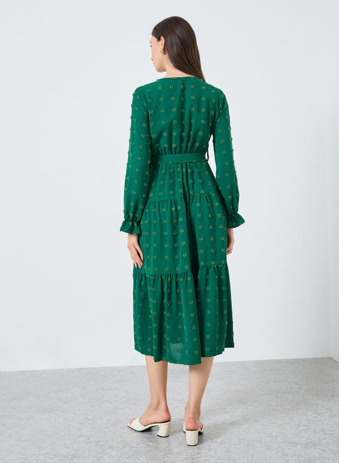 Take Two Emerald Green Swiss Dots Detail Midi Dress - Image 5