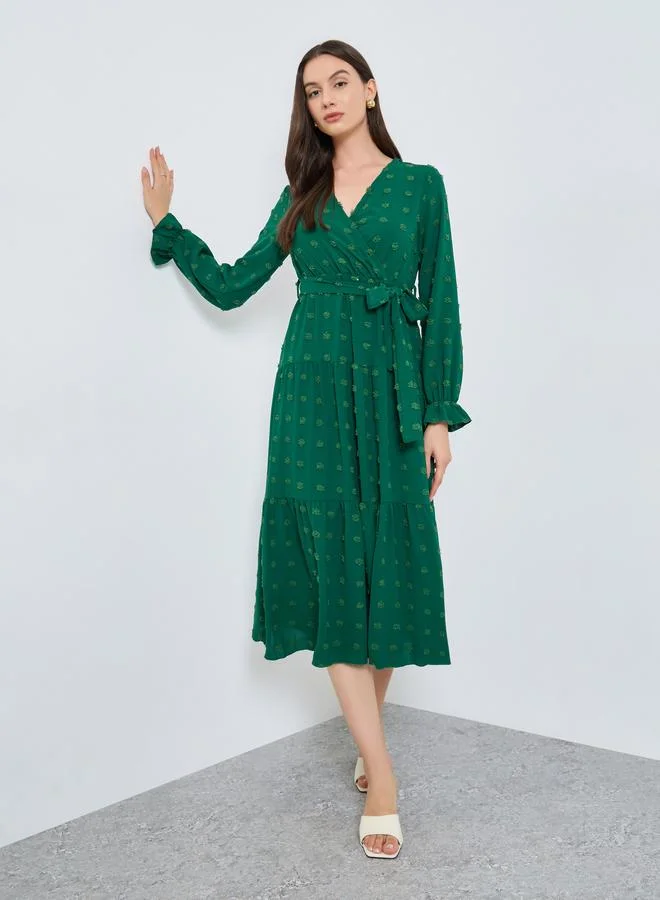 Take Two Emerald Green Swiss Dots Detail Midi Dress