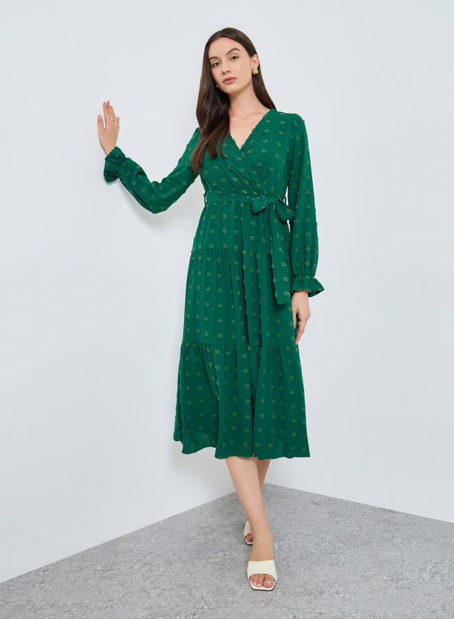 Take Two Emerald Green Swiss Dots Detail Midi Dress - Image 1