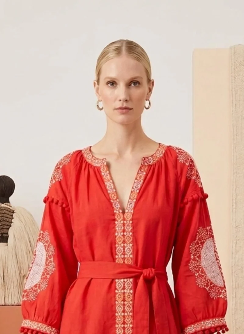 Alaya bright red Women Embroidered With Belt Rayon Dress -AL3735 for Women | Best Price UAE