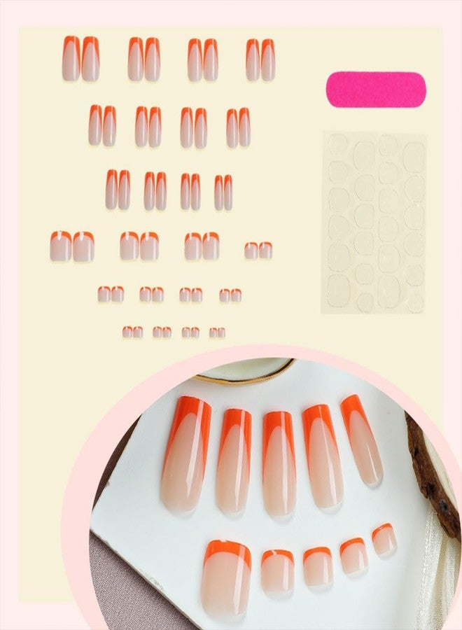 HJKDSFD 48Pcs Orange French Tip Press on Nails and Toenails Set Medium Length Square Fake Nails Full Cover Summer Acrylic Stick Nails Kit Reusable Short Square False Toenails for Women DIY Manicure - Image 3