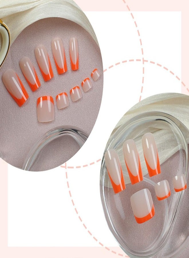 HJKDSFD 48Pcs Orange French Tip Press on Nails and Toenails Set Medium Length Square Fake Nails Full Cover Summer Acrylic Stick Nails Kit Reusable Short Square False Toenails for Women DIY Manicure - Image 2