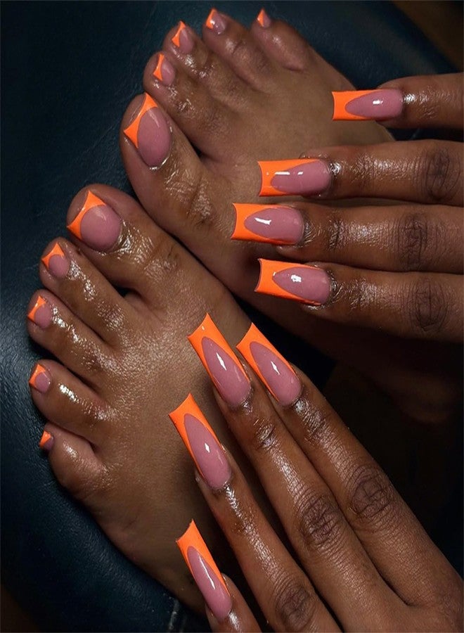 HJKDSFD 48Pcs Orange French Tip Press on Nails and Toenails Set Medium Length Square Fake Nails Full Cover Summer Acrylic Stick Nails Kit Reusable Short Square False Toenails for Women DIY Manicure - Image 1