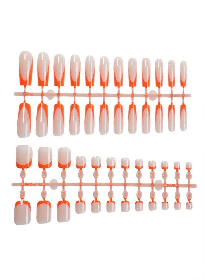 HJKDSFD 48Pcs Orange French Tip Press on Nails and Toenails Set Medium Length Square Fake Nails Full Cover Summer Acrylic Stick Nails Kit Reusable Short Square False Toenails for Women DIY Manicure - Image 4