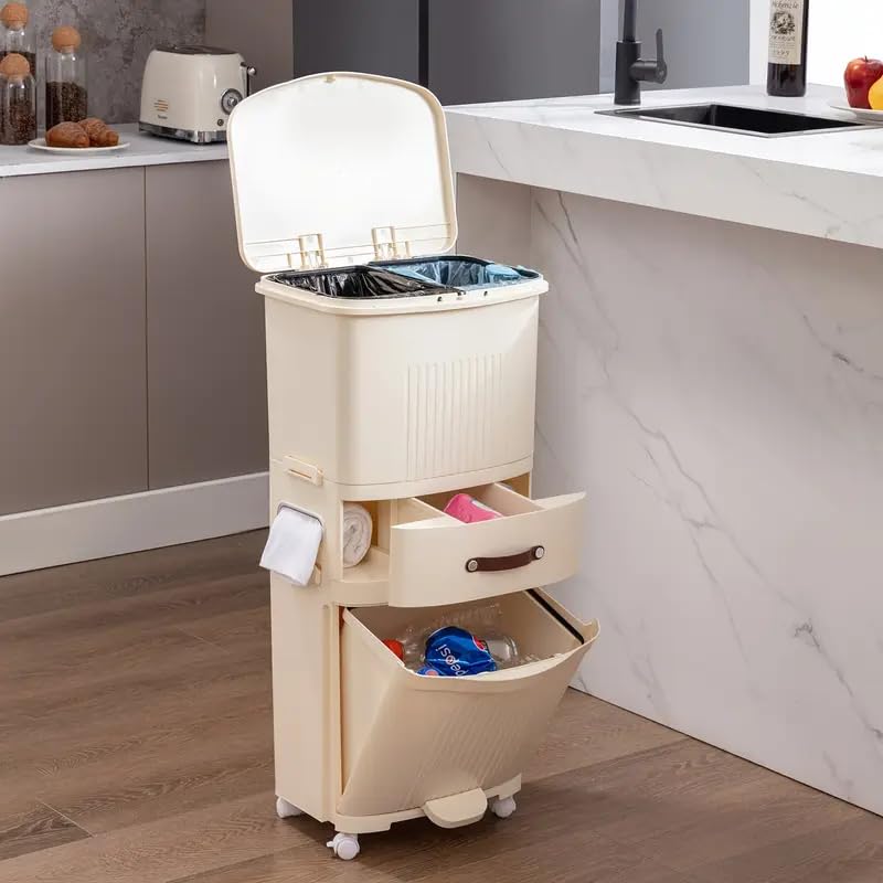 waqif Kitchen Wagon with Wheels, 3 Tiers, Kitchen Storage, Vertical, Large Capacity, No Seeing Bags, Sorting Wagon, Garbage Bin, Simple, Living Room, Dining Room, Kitchen, Garbage Can
