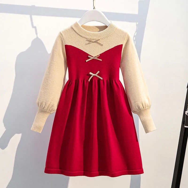 Girls Fashionable Contrast Color Knitted Sweater Dress Girls Autumn and Winter New Style Elegant Ladys Retro Style dress Red