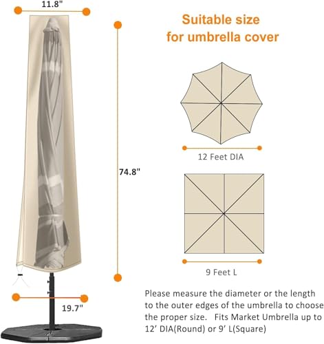 OKPOW Umbrella Cover 420D Oxford Fabric Patio Umbrella Covers Waterproof with Zip, for 9ft to 12ft Garden Outdoor Umbrella (Khaki) - Image 2