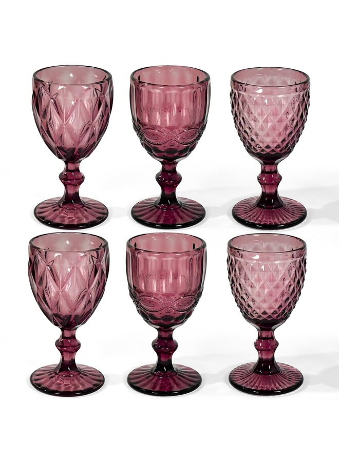 Vintage Wine Glasses Set of 6, 12 OZ Purple Glass Water Goblets, Embossed diamond Decorative Crystal Glass Cups Set, Dishwasher Safe, for Wedding, Party, Bars, Restaurants - Image 1