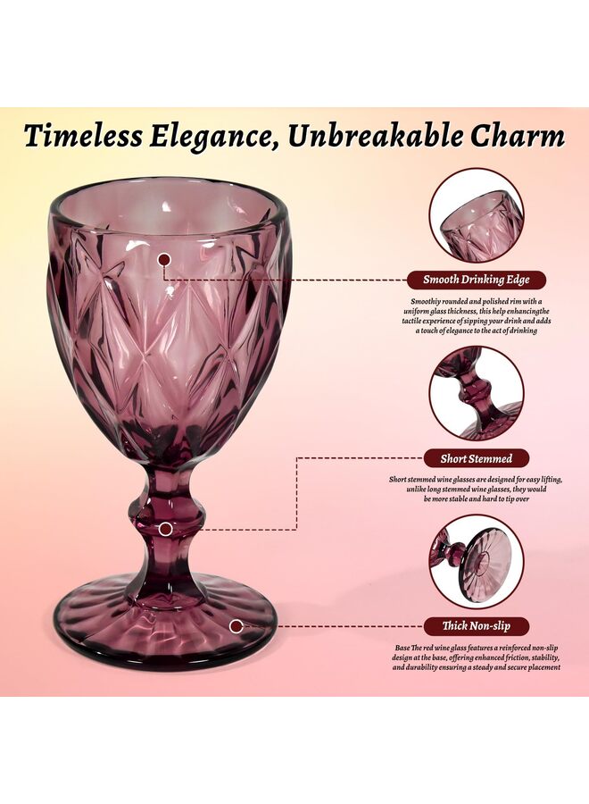 Vintage Wine Glasses Set of 6, 12 OZ Purple Glass Water Goblets, Embossed diamond Decorative Crystal Glass Cups Set, Dishwasher Safe, for Wedding, Party, Bars, Restaurants - Image 2