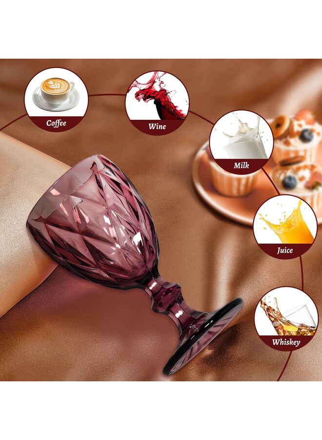 Vintage Wine Glasses Set of 6, 12 OZ Purple Glass Water Goblets, Embossed diamond Decorative Crystal Glass Cups Set, Dishwasher Safe, for Wedding, Party, Bars, Restaurants - Image 4