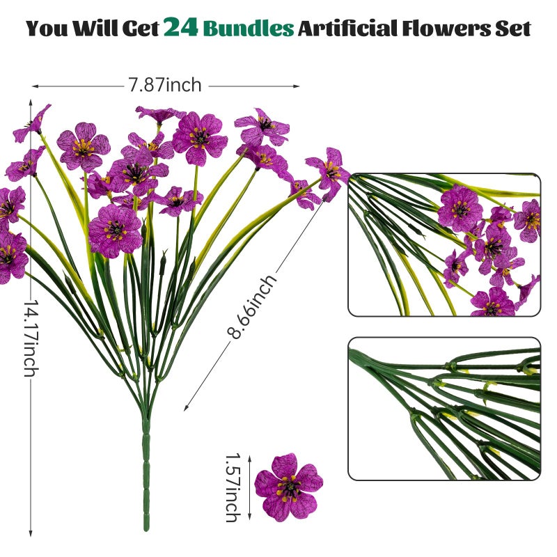 Lnoicy 24 Pcs Artificial Flowers for Outdoor,Plastic Flowers Decoration, UV Resistant Faux Flowers Shrubs, Artificial Plants for Indoor Outside Garden Home Wedding Farmhouse(Fuchsia) - Image 2