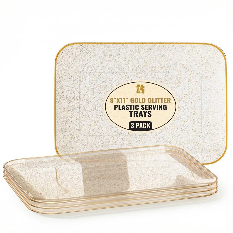 R-kay 3 Pack Gold Glitter Plastic Serving Trays for Party - Gold Glittered Serving Tray 8 x 11 Inch - Heavy Duty Dessert Trays for Food - Rectangular Party Serving Trays for Entertaining - Image 1