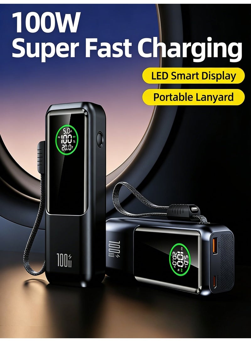100W Portable Charger 20000mAh, Built-in Cable Power Bank with LED Display, Fast Charging for Laptop, iPhone, and Android Devices - Black - Image 1