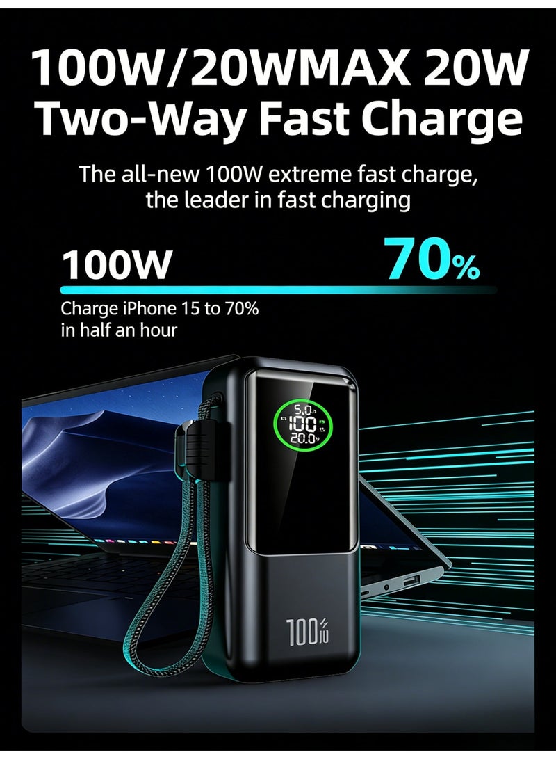 100W Portable Charger 20000mAh, Built-in Cable Power Bank with LED Display, Fast Charging for Laptop, iPhone, and Android Devices - Black - Image 4