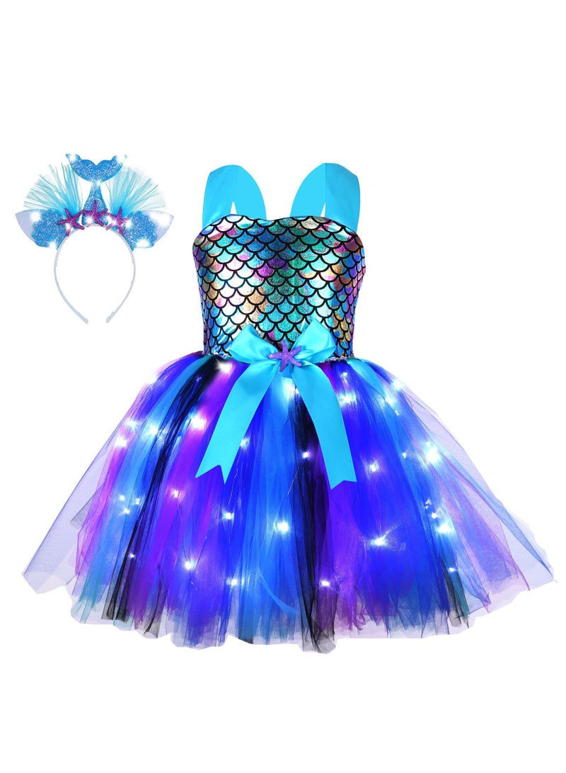 GUDOO Girl Mermaid Dress Princess Dress with LED Lights, Dress up Gift Princess Dress Birthday Gift (5-6 Years Old L) - Image 1