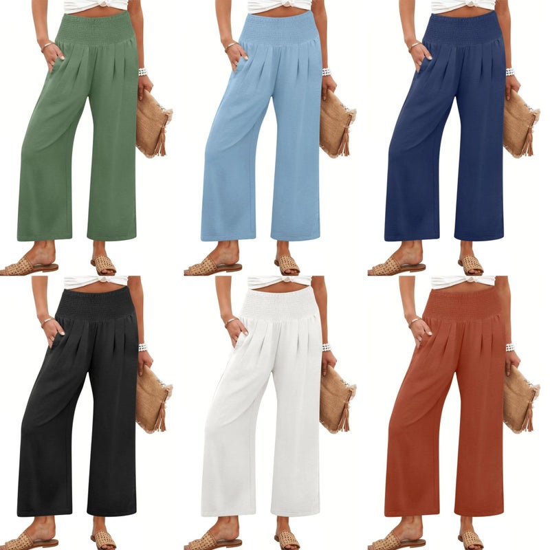Women's Solid High-Waist Elastic Straight Cropped Pants - Image 1