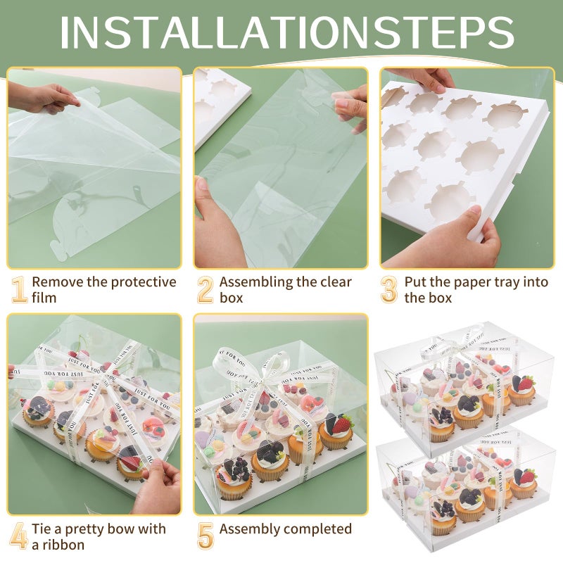 CHENZEM 5 Pcs clear cupcake boxes with complimentary gift ribbon, 12 Count cup container, plastic cupcake tray, suitable for desserts, cookies, muffins for Valentine'Day.(White, 12 Counts/5 pcs) - Image 4