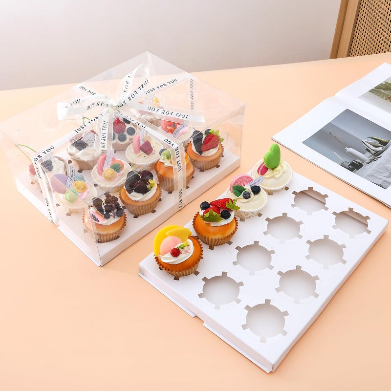 CHENZEM 5 Pcs clear cupcake boxes with complimentary gift ribbon, 12 Count cup container, plastic cupcake tray, suitable for desserts, cookies, muffins for Valentine'Day.(White, 12 Counts/5 pcs) - Image 5