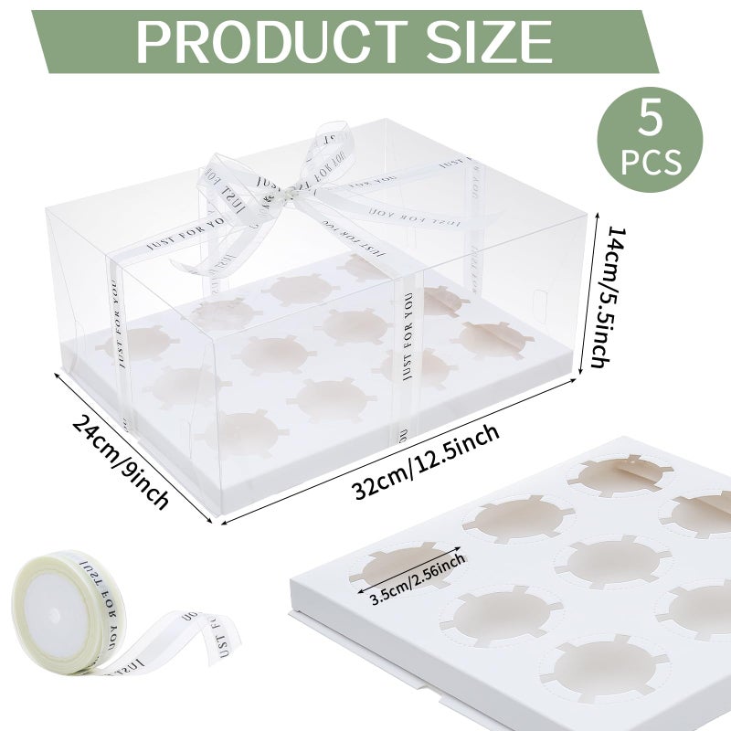 CHENZEM 5 Pcs clear cupcake boxes with complimentary gift ribbon, 12 Count cup container, plastic cupcake tray, suitable for desserts, cookies, muffins for Valentine'Day.(White, 12 Counts/5 pcs) - Image 2