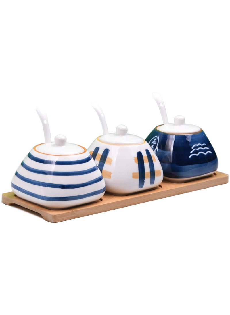 DGVR DGVR Porcelain Condiment Jar Spice Container with set of 3 Ceramic Condiment Pot Seasoning Box with Ceramic Serving Spoon and Lid - Bamboo Tray Porcelain Sugar Bowl for Home Kitchen 300ml (10.6oz)  - Image 1
