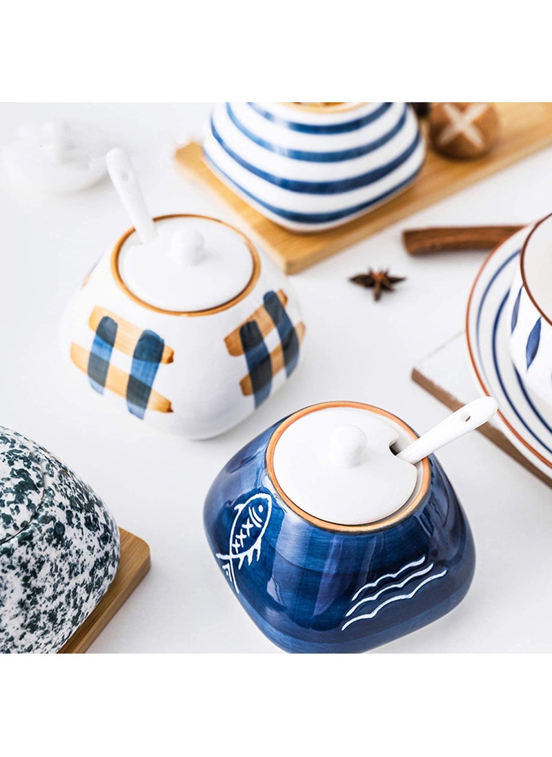 DGVR DGVR Porcelain Condiment Jar Spice Container with set of 3 Ceramic Condiment Pot Seasoning Box with Ceramic Serving Spoon and Lid - Bamboo Tray Porcelain Sugar Bowl for Home Kitchen 300ml (10.6oz)  - Image 2