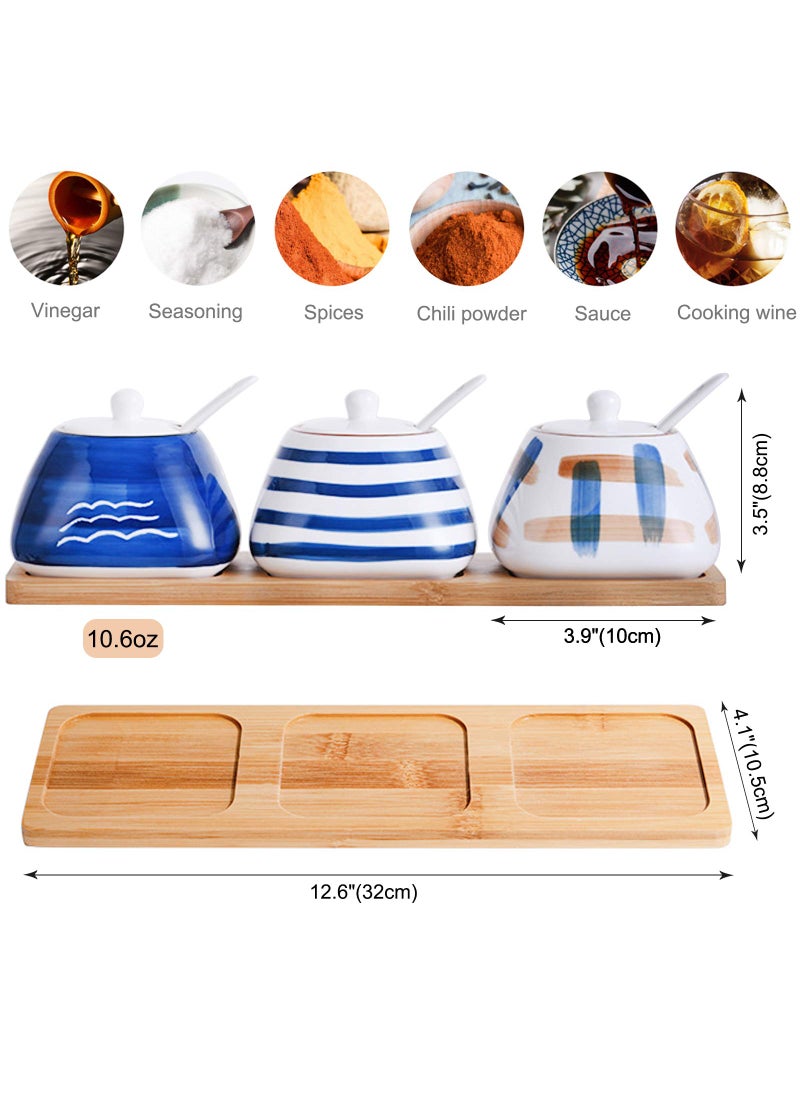 DGVR DGVR Porcelain Condiment Jar Spice Container with set of 3 Ceramic Condiment Pot Seasoning Box with Ceramic Serving Spoon and Lid - Bamboo Tray Porcelain Sugar Bowl for Home Kitchen 300ml (10.6oz)  - Image 3
