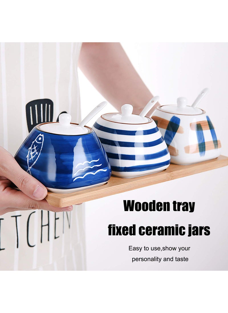 DGVR DGVR Porcelain Condiment Jar Spice Container with set of 3 Ceramic Condiment Pot Seasoning Box with Ceramic Serving Spoon and Lid - Bamboo Tray Porcelain Sugar Bowl for Home Kitchen 300ml (10.6oz)  - Image 4
