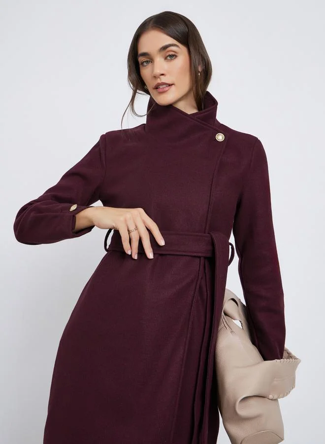 Styli Burgundy Knee-Length Button-Up Coat