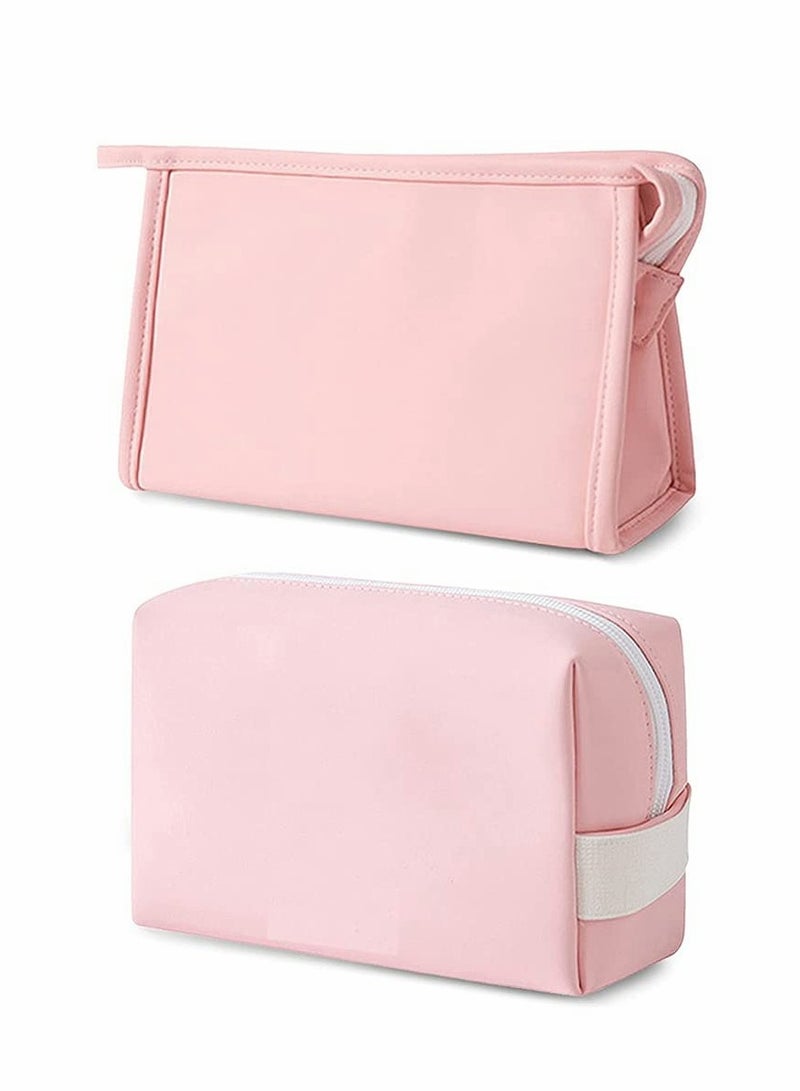 Pink Portable Cosmetic Bag Set 2Pcs Waterproof Zipper Pouch Travel Toiletries Organizer for Women and Girls PU Leather Small Accessory Case - Image 1